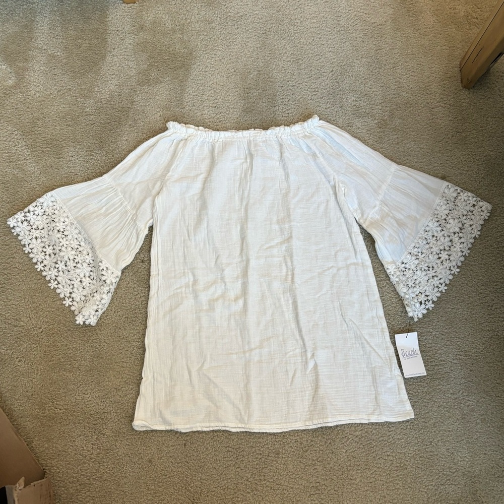 Beach by Beach Lunch Lounge white dress with lacy floral sleeves